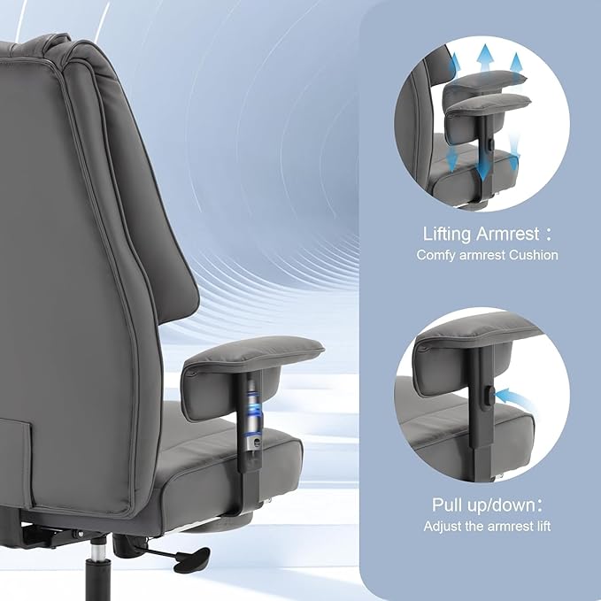 KCREAM 500lb Big and Tall Reclining Office Chair with Footrest, PU Leather Executive Computer Chair with Wheels Recliner Home Desk Chairs with Lumbar Support Swivel Task Chair for Heavy People,Grey