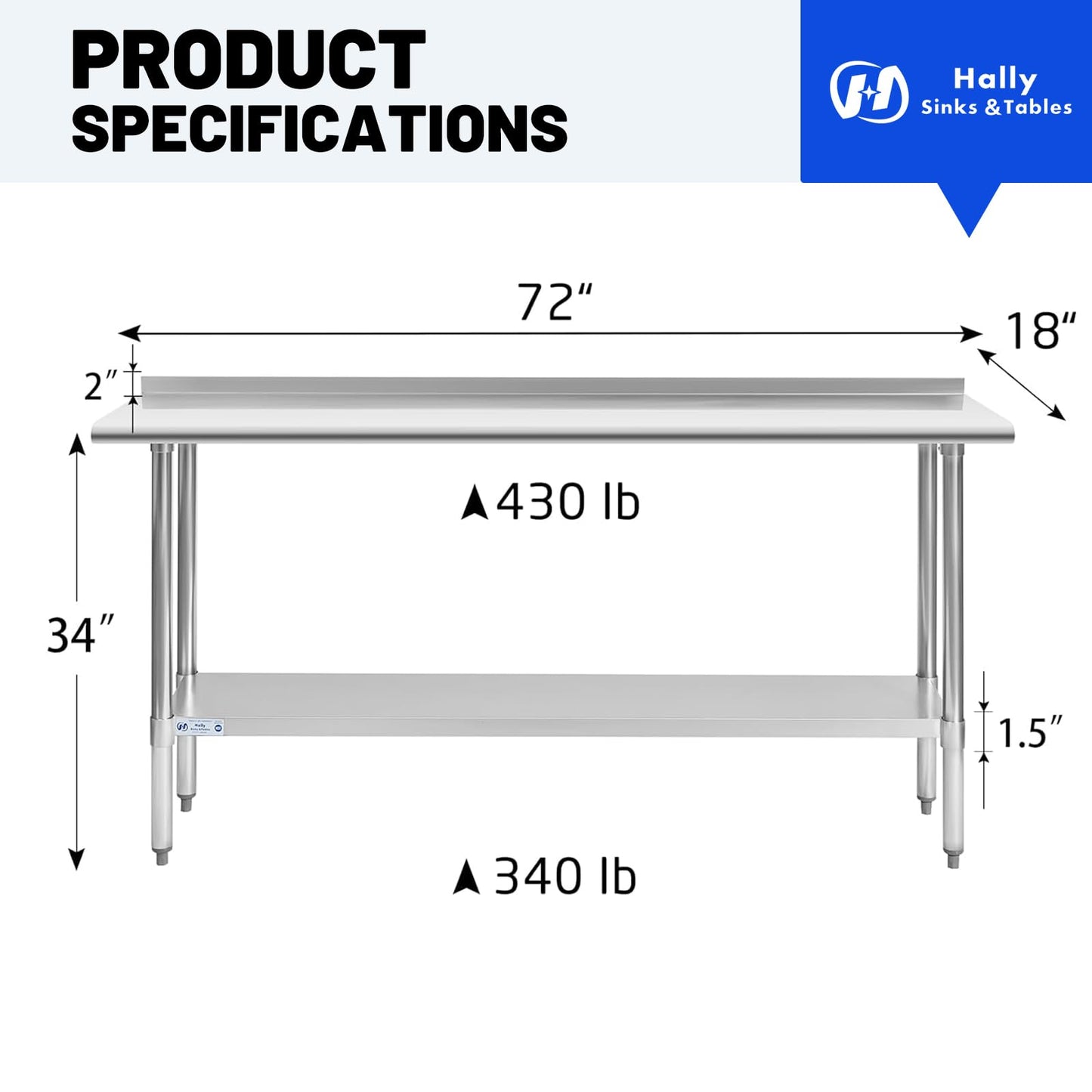 Hally Stainless Steel Table for Prep & Work 18 x 72 Inches, NSF Commercial Heavy Duty Table with Undershelf and Backsplash for Restaurant, Home and Hotel