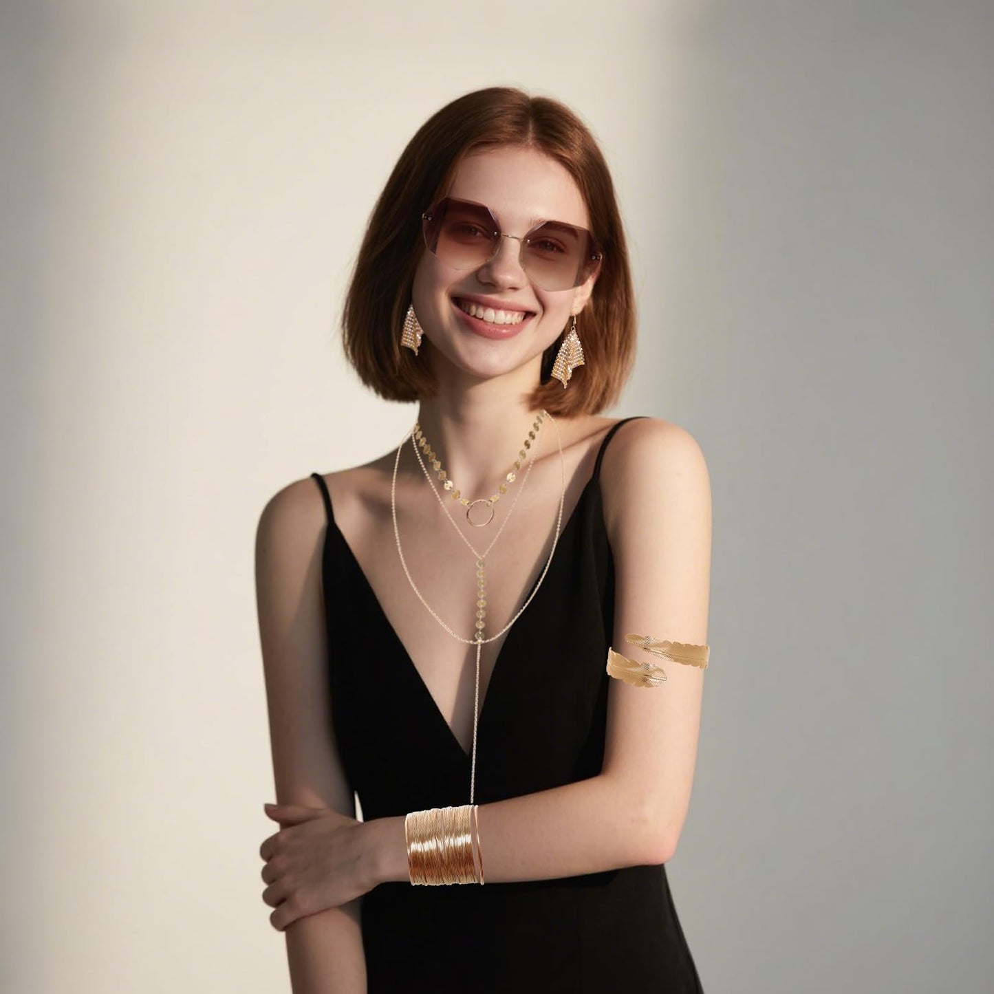 Fumwase 8PCS 70s Gold Disco Accessories Set for Women 1970s Disco Accessories Earrings Layered Necklace Bracelets Glasses Arm Cuff for Party Halloween Cosplay (Gold)