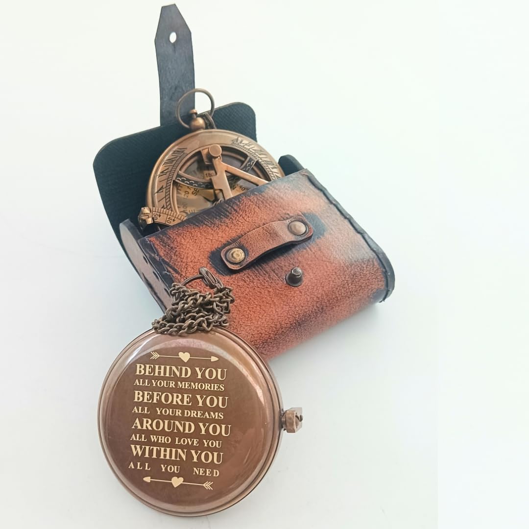 BEHINDE You Engraved Sundial Compass with Leather Case. Personalized Brass Pocket Compass Gifts for Men, Him, Son