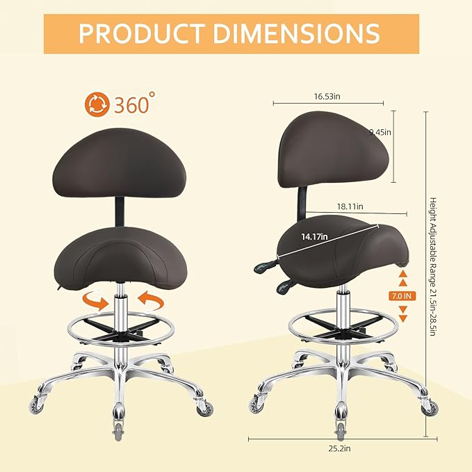 Nazalus Saddle Stool Chair with Back Support Footrest, Heavy-Duty(350LBS), Hydraulic Rolling Swivel Adjustable Stool Chair for Salon Spa Beauty Massage Dental Clinic Home Office Use(Coffee)