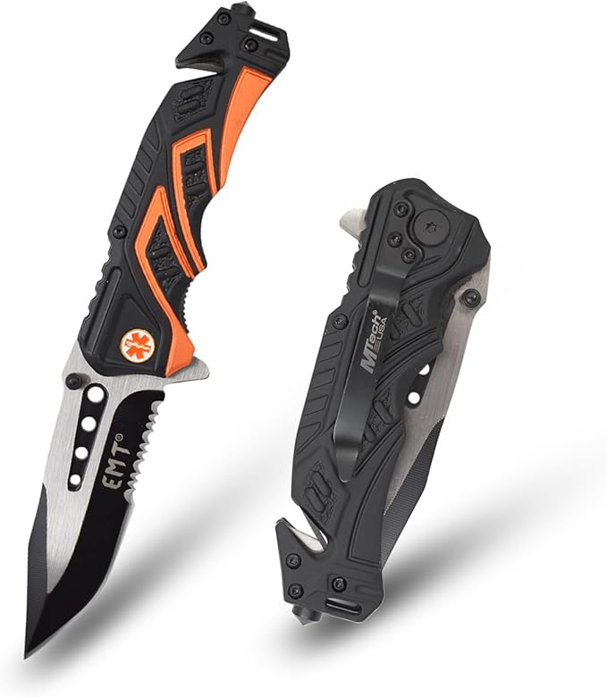 MTECH USA - Pocket Folding Knife, Two-Tone Half-Serrated Blade, Aluminum Black Handle with Dept. Logo, 4.75-Inch Closed, C...