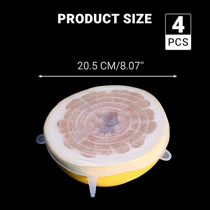 4 Pack 8.1in Reusable Silicone Stretch Lids, Silicone Bowl Covers for Food Storage, Universal Stretchable Lids for Containers Produce, Elastic Expandable Seal Cover, Microwave Freezer Safe
