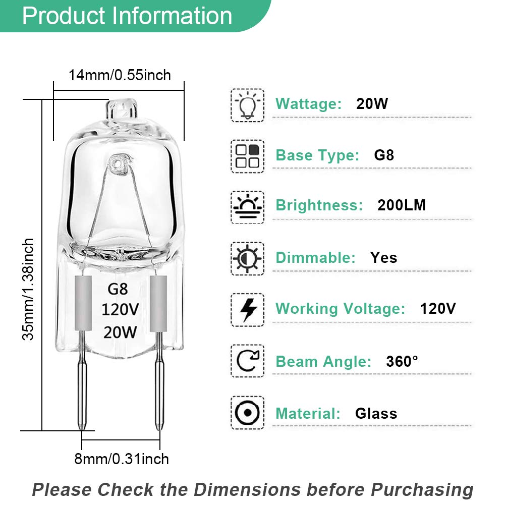 TAIYALOO G8 Halogen Light Bulbs 20W Dimmable 120V G8 Base 2Pin Xenon Bulb (12 Pack) T4 JCD Type Warm White Under Cabinet Puck Lighting Replacements