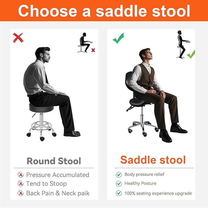 Saddle Stool with Back Support, 400lbs Adjustable Salon with Wheels, Heavy Duty Rolling Ergonomic Rolling Esthetician Seat for Home Office Salon Shop Dentist Clinic, for People 5 ft to5.8 ft Tall