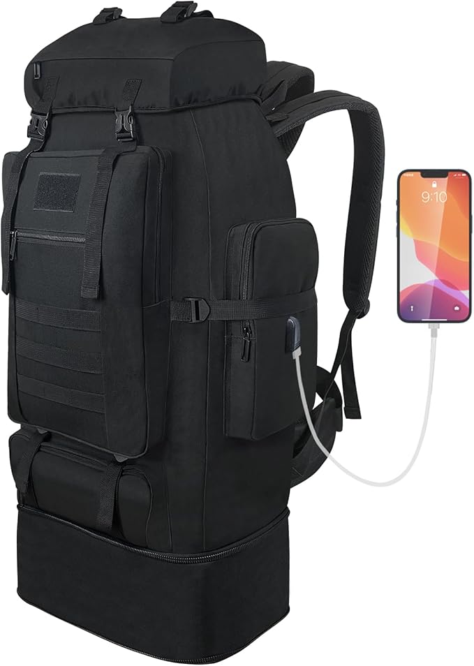 Vaupan 70L/100L Hiking Backpack with USB Charging Port, Expandable Large Military Tactical Backpack, Waterproof MOLLE Ruck...