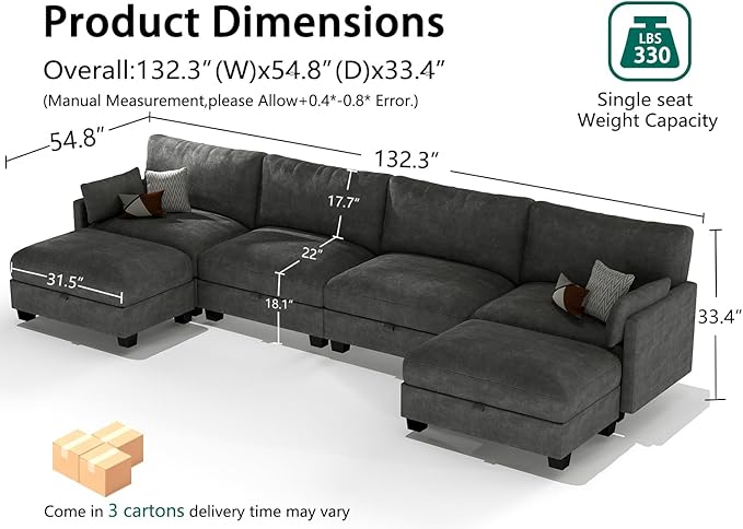 OhaiAura Modular Sectional U Shaped Sofa Couches for Living Room, Cloud Couch with Storage Ottoman, Comfy Chenille Sofa with Pillow, Dark Gray