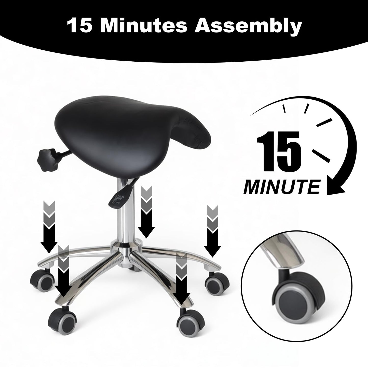 DENGTELI Ergonomic Saddle Chair with Adjustable Swivel castors, Corrects Posture and alleviates Back Pain, Suitable for Offices, Dental clinics, Salons, and Tattoo Studios (Black)