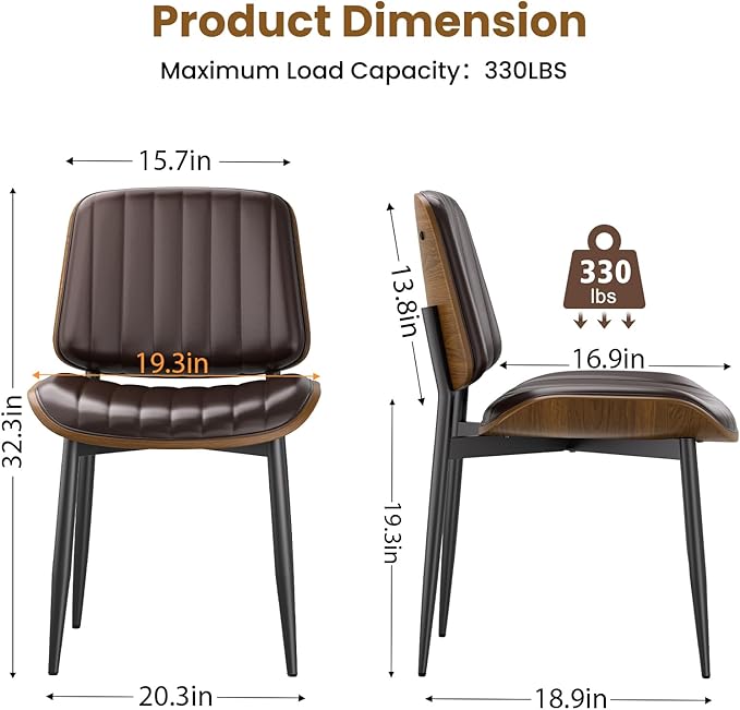 YaFiti Dining Chairs Set of 8, Mid Century Modern Dining Room Kitchen Chairs, Upholstered PU Leather Vertical Stripe Chairs for Vanity with Walnut Bentwood and Metal Legs, Brown