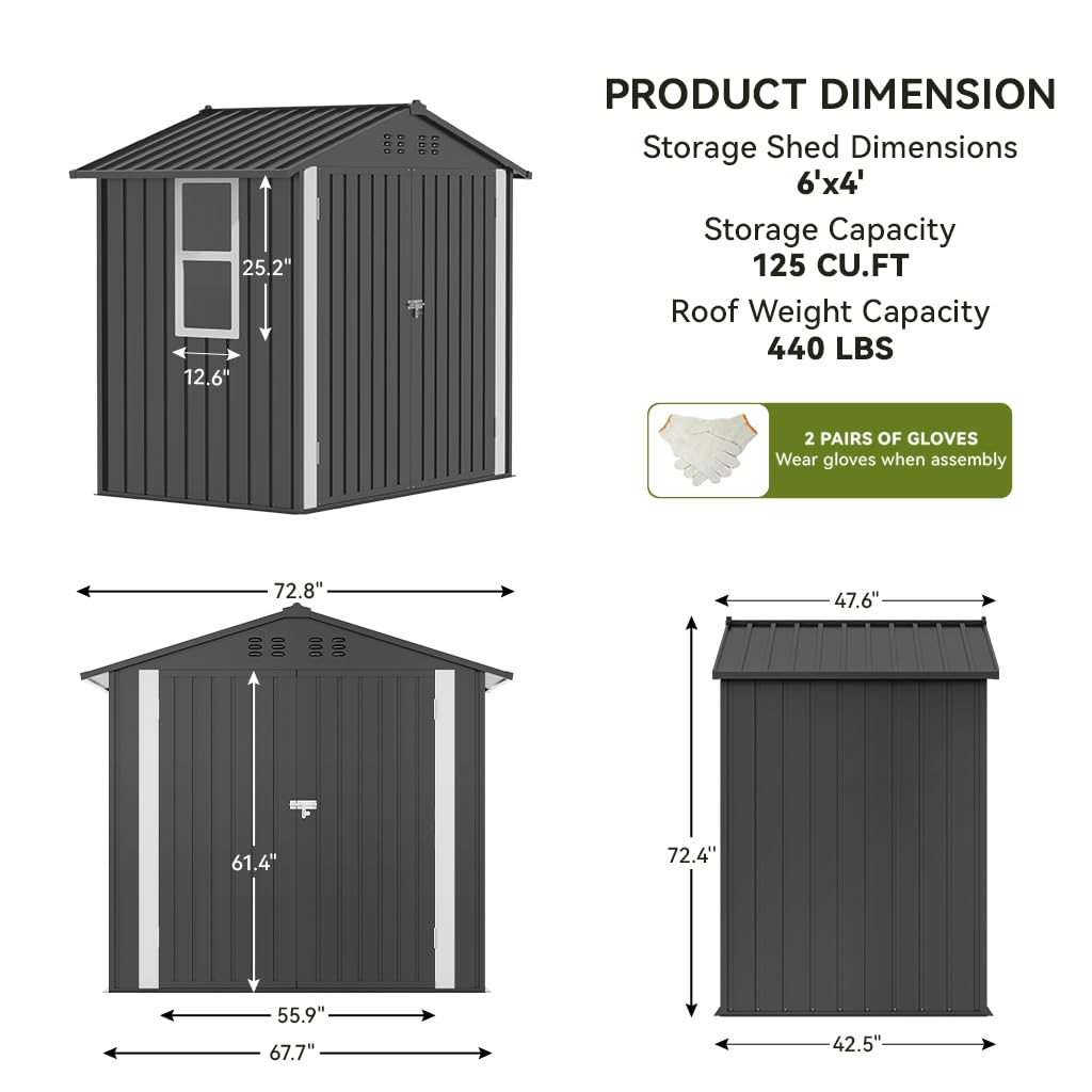 COMHOMA Shed Storage Outdoor Metal Windowed Lockable Garden Toolhouse Weatherproof Ventilated Backyard Utility Workshop(Grey,6'x4')