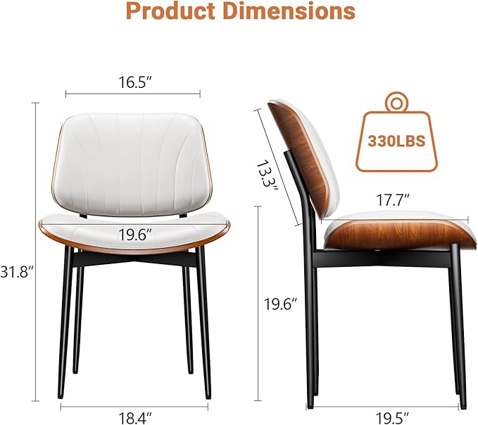 YaFiti Dining Chairs Set of 6, Dining Room and Kitchen Chairs, FSC Certified Mid Century Modern Accent Chair, Upholstered PU Leather Chairs for Vanity with Walnut Bentwood and Metal Legs, White