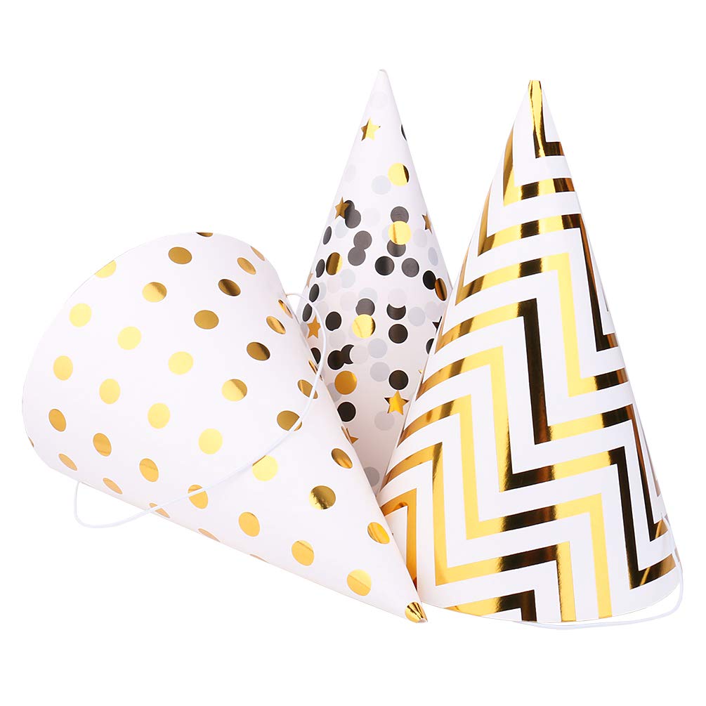 Boieo Party Hats Birthday Cone Set Gold Polka Dot Striped Paper for Adults Kids Happy Birthday Party Decorations 12 Pcs