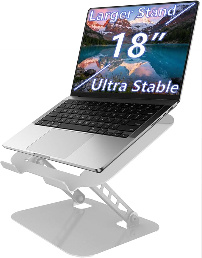 TAPMEI Adjustable Laptop Stand, Ultra Stable Metal Base Ergonomic Foldable Computer Riser for Desk Compatible with MacBook Pro/Air Notebook All Laptop Under 18 Inches (Silver)