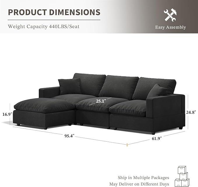 Modular Sectional Sofa Cloud Couch for Living Room, Modern Minimalist Comfy Deep Sofa Couches, Upholstered Couch with Removable & Washable Cushion Covers, Wide Armrest, Filled with Down and Cotton
