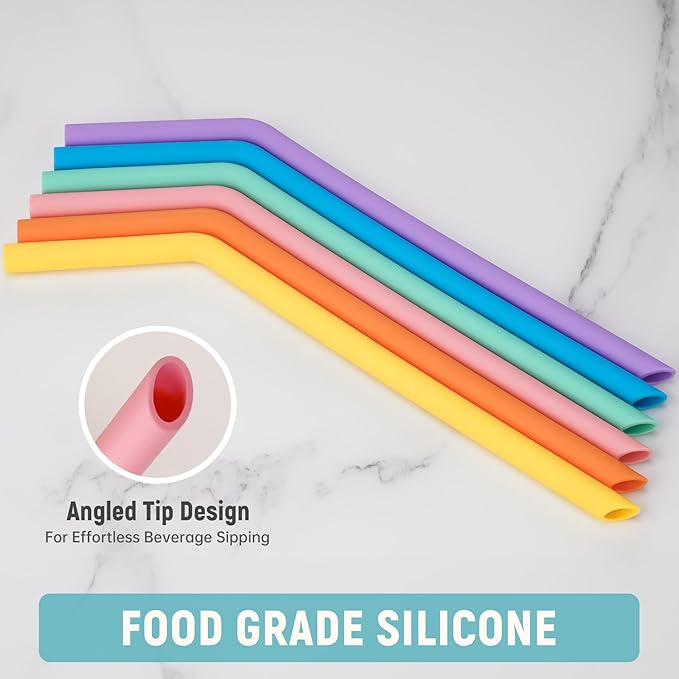 NiHome 6 PCS Wide Reusable Bent Silicone Straws for Boba, Smoothies, Bubble Tea, 0.425" Bent Straws Eco-Friendly, Colorful for Drinks, Child-Safe, Customizable Length, 2 Brushes (Rainbow Colors)