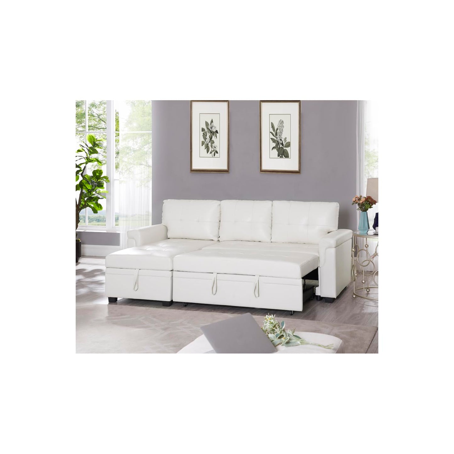 Naomi Home Transform Any Space: Sleeper Sectional Sofa with Convertible Sofa Bed & Inviting Chaise. Find Tranquil Comfort with Stress-Relieving Design & Durable Cushions - White/Air Leather