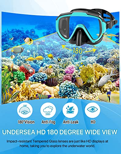 Ubekezele Snorkeling Gear for Adults Men Women,4 in 1 Snorkel Set with Panoramic View Diving Mask Anti-Fog Anti-Leak,Dry T...