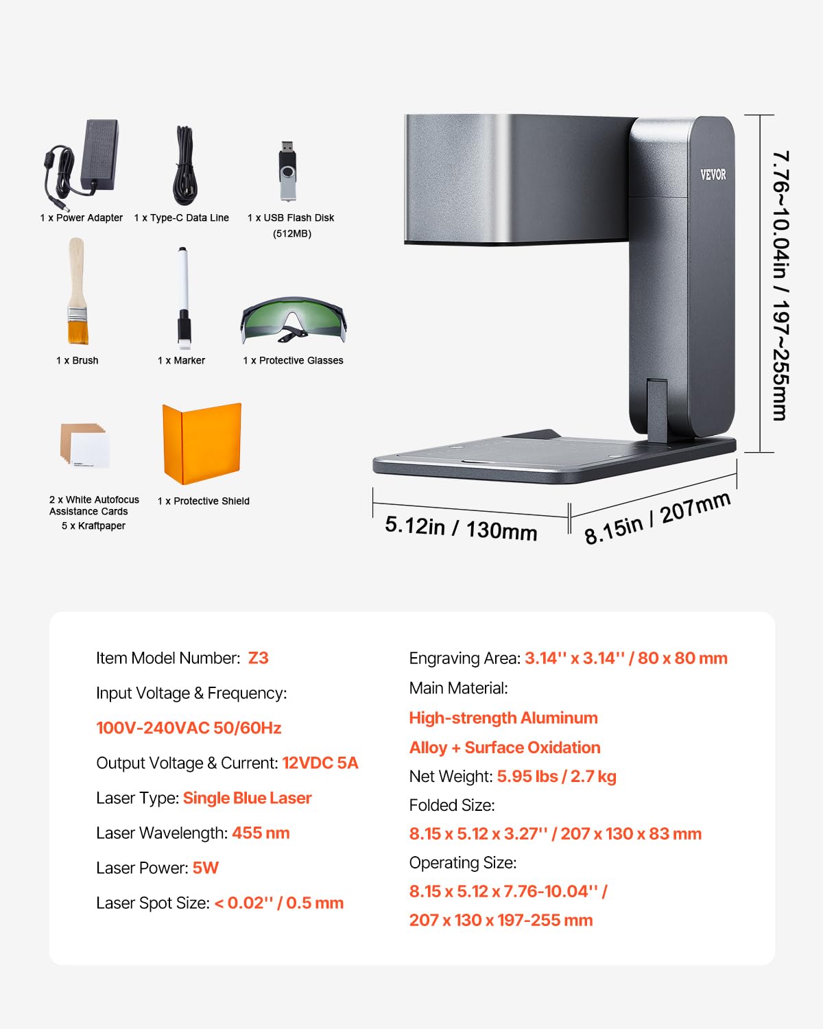 VEVOR Portable Laser Engraver, Handheld Engraving Machine 36000mm/min High Speed DIY Laser Engraver and Cutter Basic Set for Metal, Wood, Leather, Arylic, Fiber, Jewelry, Glass
