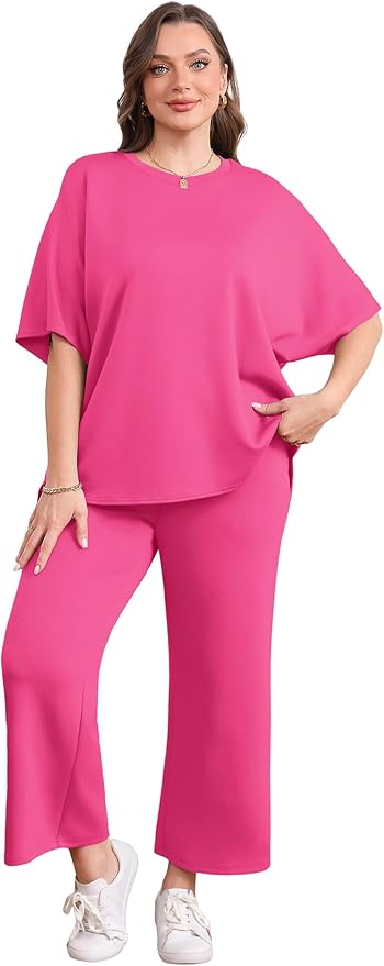 Sampeel Two Piece Sets for Women Summer Outfits Oversized Wide Leg Crop Pants Lounge Sets Airport Beach Vacation Clothes