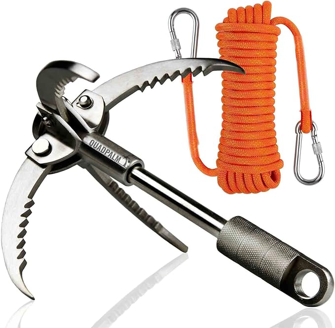 QUADPALM Grappling Hook and Rope 10M (32ft) - Multifunctional Heavy Duty Survival Hook - 4 Stainless Steel Folding Claws -...