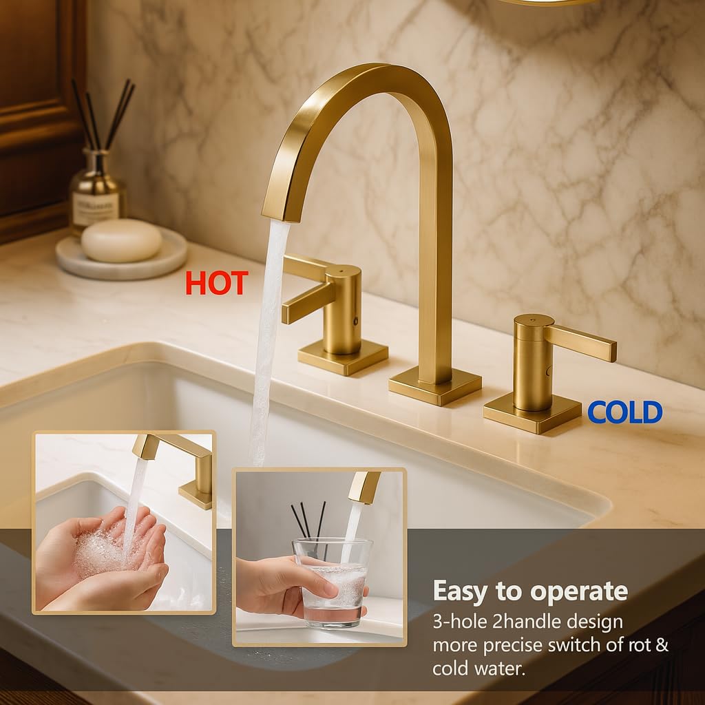 INDARE Brushed Gold Bathroom Faucets, 8 Inch Brass Widespread Bathroom Sink Faucet 3 Holes, Two Handles Sink Faucet with Metal Pop-Up Drain & CUPC Supply Lines, for Gold Vanity RV