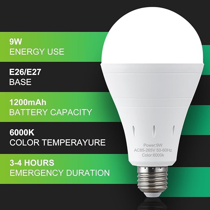 10 Pack Rechargeable Emergency Light Bulbs, Battery Powered Energy Efficient LED Light Bulb 6000K Daylight E26 120 Volt 9W 60W Equivalent with 1200mAh for Home Power Outage Camping Hurricane