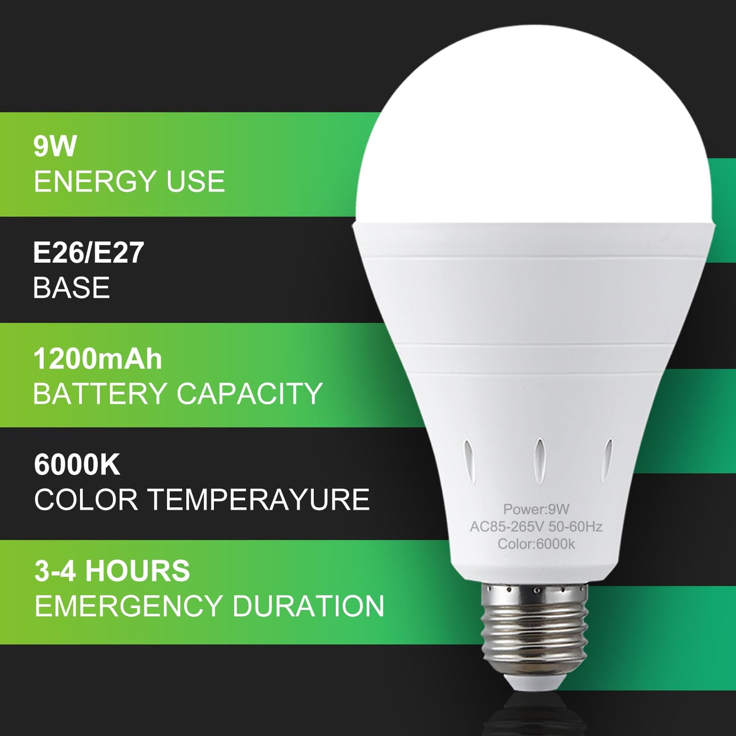 DEBAOBULB 6 Pack Rechargeable Emergency Light Bulbs, Battery Powered LED Light Bulb 6000K Daylight E26 120 Volt 9W 60W Equivalent with 1200mAh for Home Power Outage Camping Hurricane