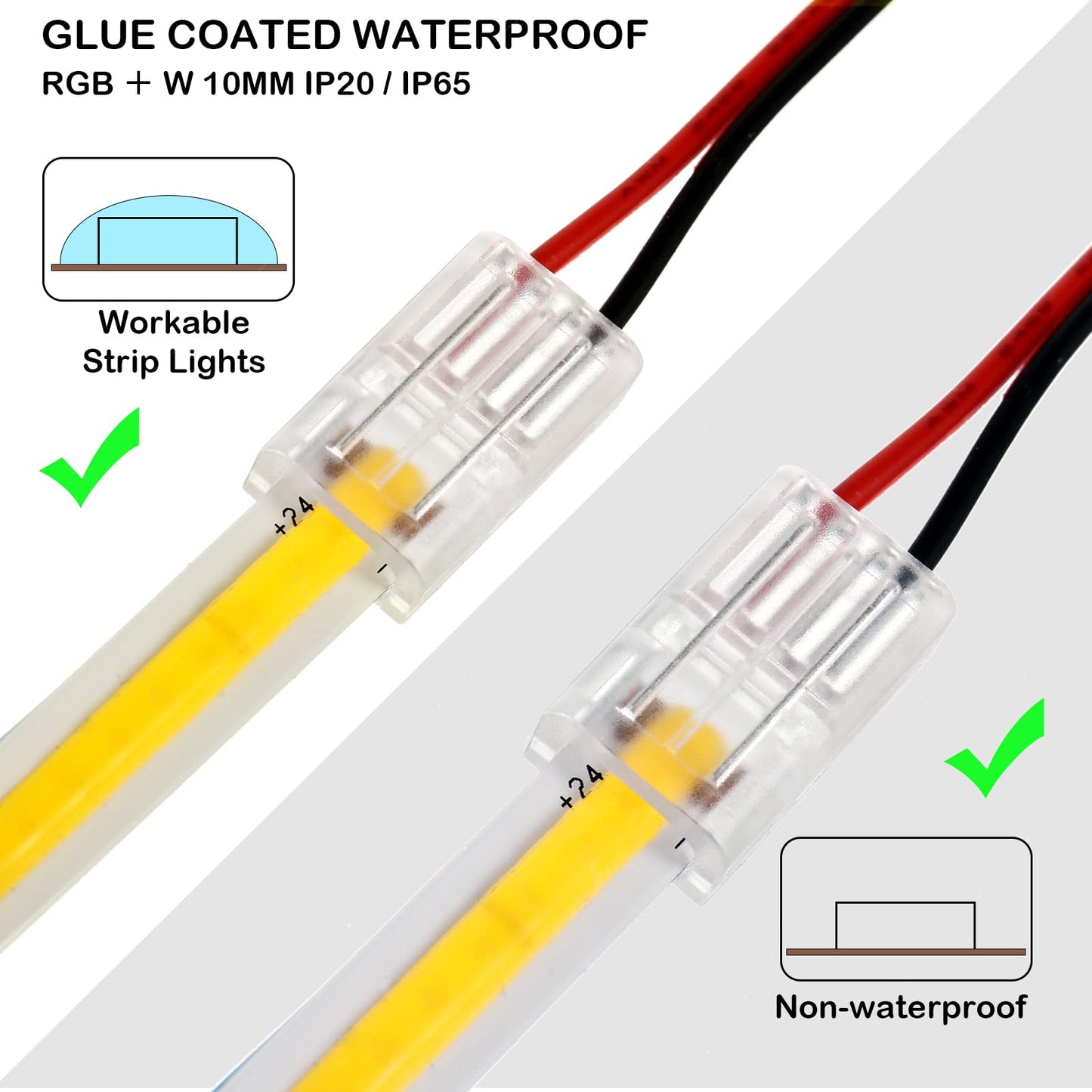 Flutesan COB LED Strip to Wire Connector 20 Pieces Waterproof LED Adapter Connectors Transparent Solderless LED Light Strip for Unwired Gapless Track Lighting(2 Pin, 10 mm)