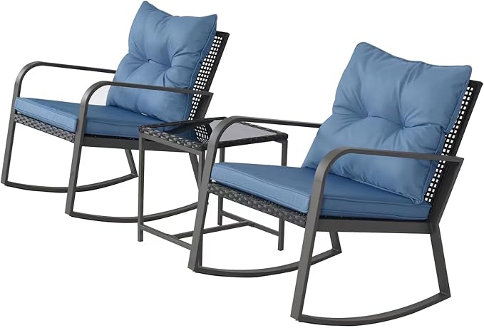 HLNPTN 3 Piece Rocking Bistro Patio Set, Outdoor Rocking Chair, Outdoor Bistro Sets Wicker Patio Furniture Rocking Chairs Sectional Couch with Tempered Glass Top Coffee Table & Cushions, Dark Blue