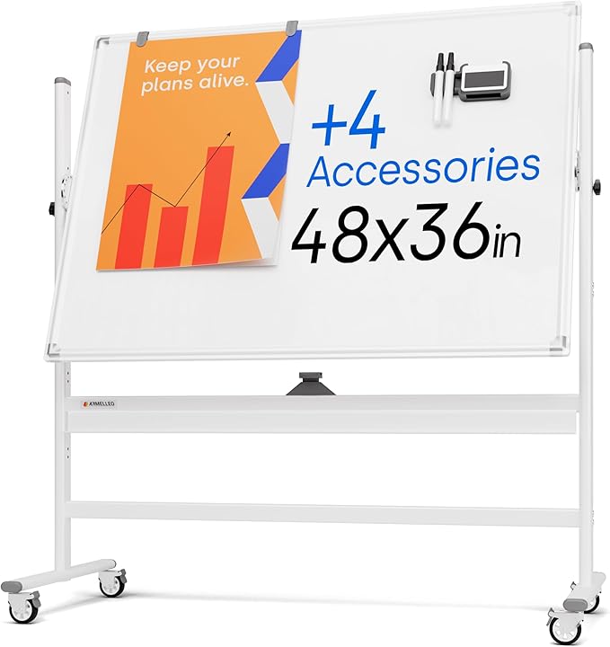 Rolling Dry Erase Board 48 x 36 - Large Portable Magnetic Whiteboard with Stand - Double Sided Easel Style Whiteboard with...