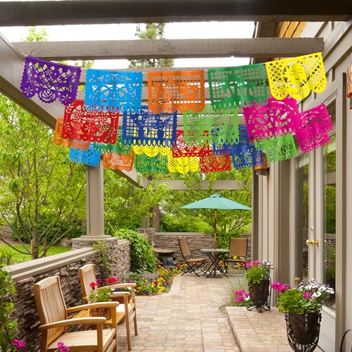 18 FT Cinco De Mayo Party Decorations, 1 Pack Fiesta Banner with 9 Plastic Papel Picado, Colorful Mexican Theme Party Flag...
