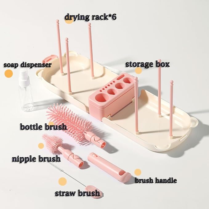 6 In1 Baby Bottle Brush Kit,Portable Silicone Bottle Brush Cleaner Set with Straw Brush,Nipple Brush,Drying Rack,Soap Dispenser,Storage Bag for Travel or Home,Stocking Stuffer(Pink)