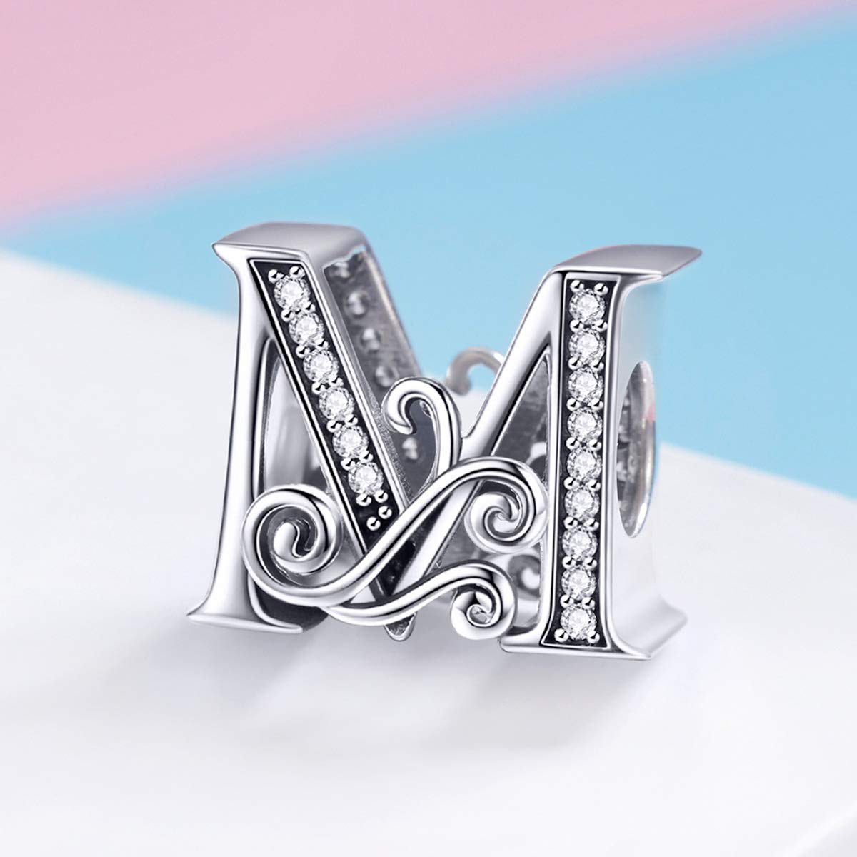 BISAER 925 Sterling Silver Initial Letter M Charms for Bracelets Alphabet Beads Charm Jewelry Gifts