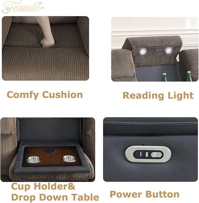 Toseslo Living Room Furniture Sets, Power Recliner Sofa Set, Leather Sofa and 2 Chairs Set, Modern Power Reclining Sets with Cup Holder/Storage Console for House, Brown Grey