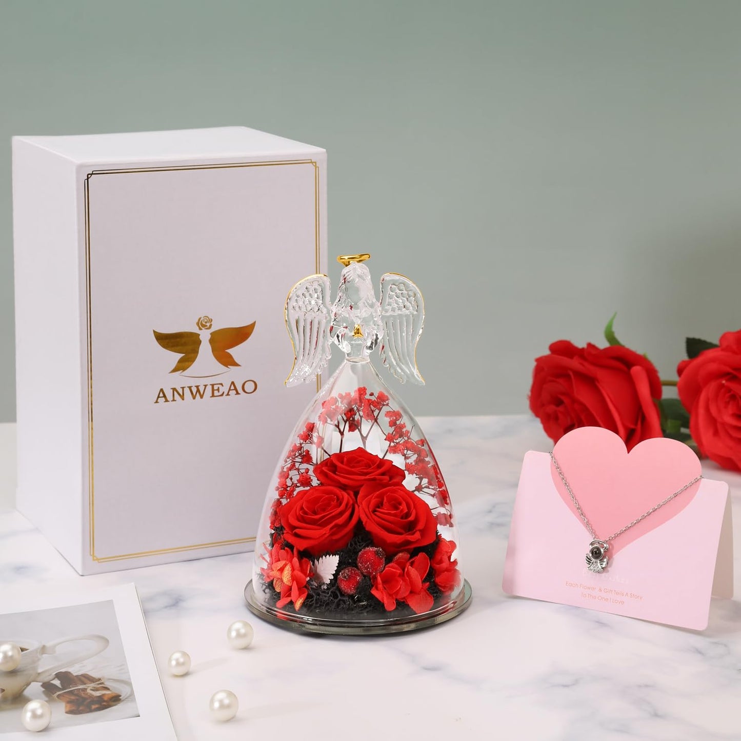ANWEAO Mom Birthday Gifts,Flowers for Delivery Prime,Preserved Three Red Rose with Lights,Preserved Flowers Rose in Glass Angel Figurines,Angel Gifts for Women Grandma Mom Wife Sister Her Friend