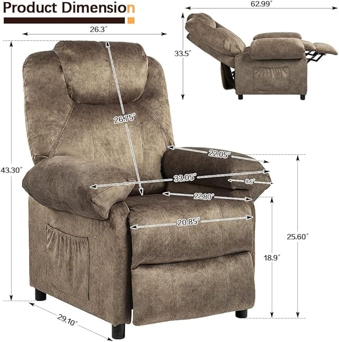 Pushback Massage Recliner Chair with Heat, Fabric Heated Small Massaging Reclining Chair Single Sofa for Adults, Overstuffed Push Back Manual Recliner for Living Room,Brown