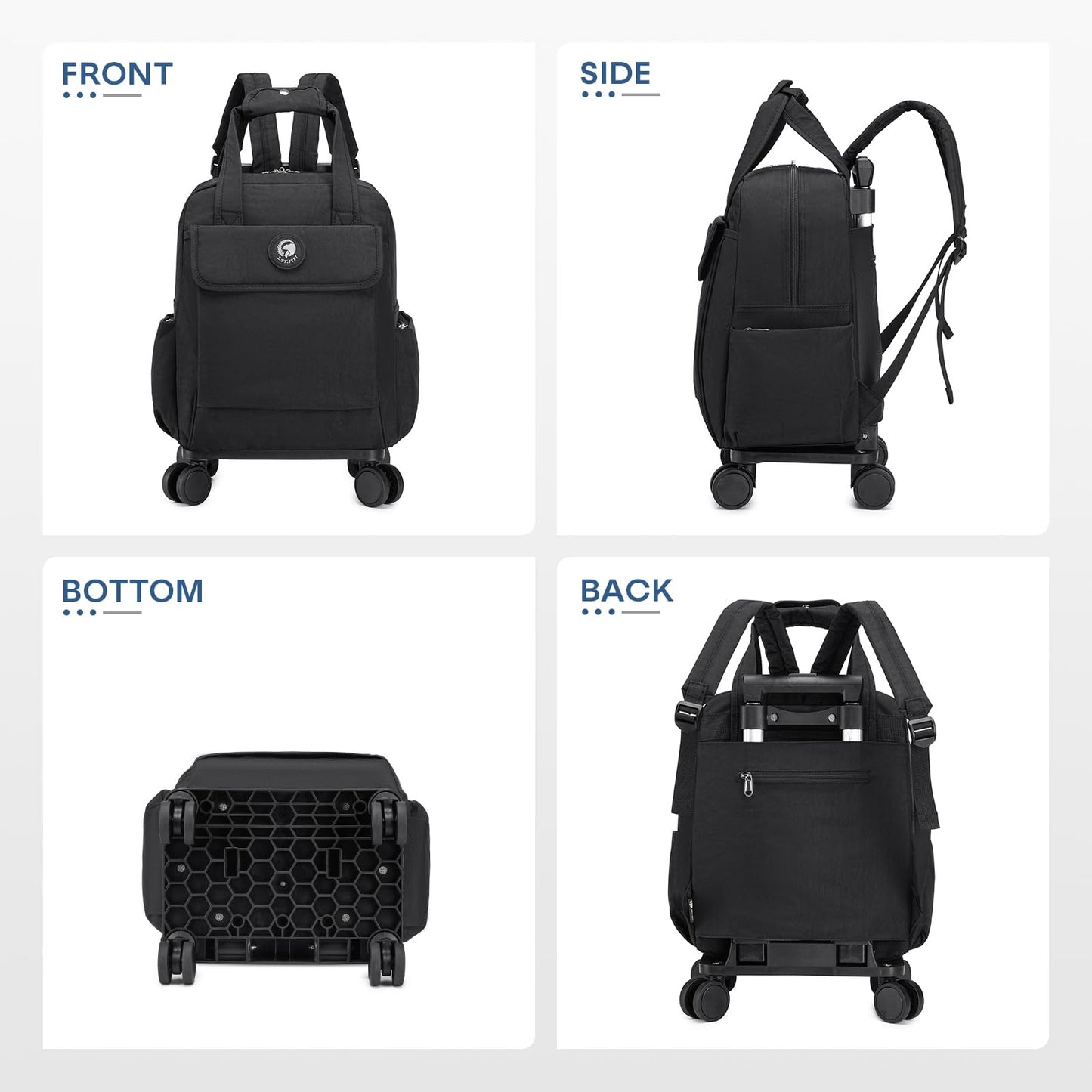 BAGZY 25L Rolling Backpack Waterproof Rolling Teacher Bag with Laptop Compartment Travel Backpack with Wheels Laptop Bag with Wheels Rollings Briefcase for Women Men Black