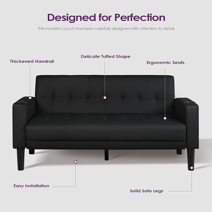 TYBOATLE Sofa Couch 62" W Loveseat w/ 2 USB Charger Ports & 2 Cupholders, Mid-Century Modern Black LeatherTufted Small Love Seat Couches for Office,Compact Living Room,Bedroom,Apartment,Dorm (2)