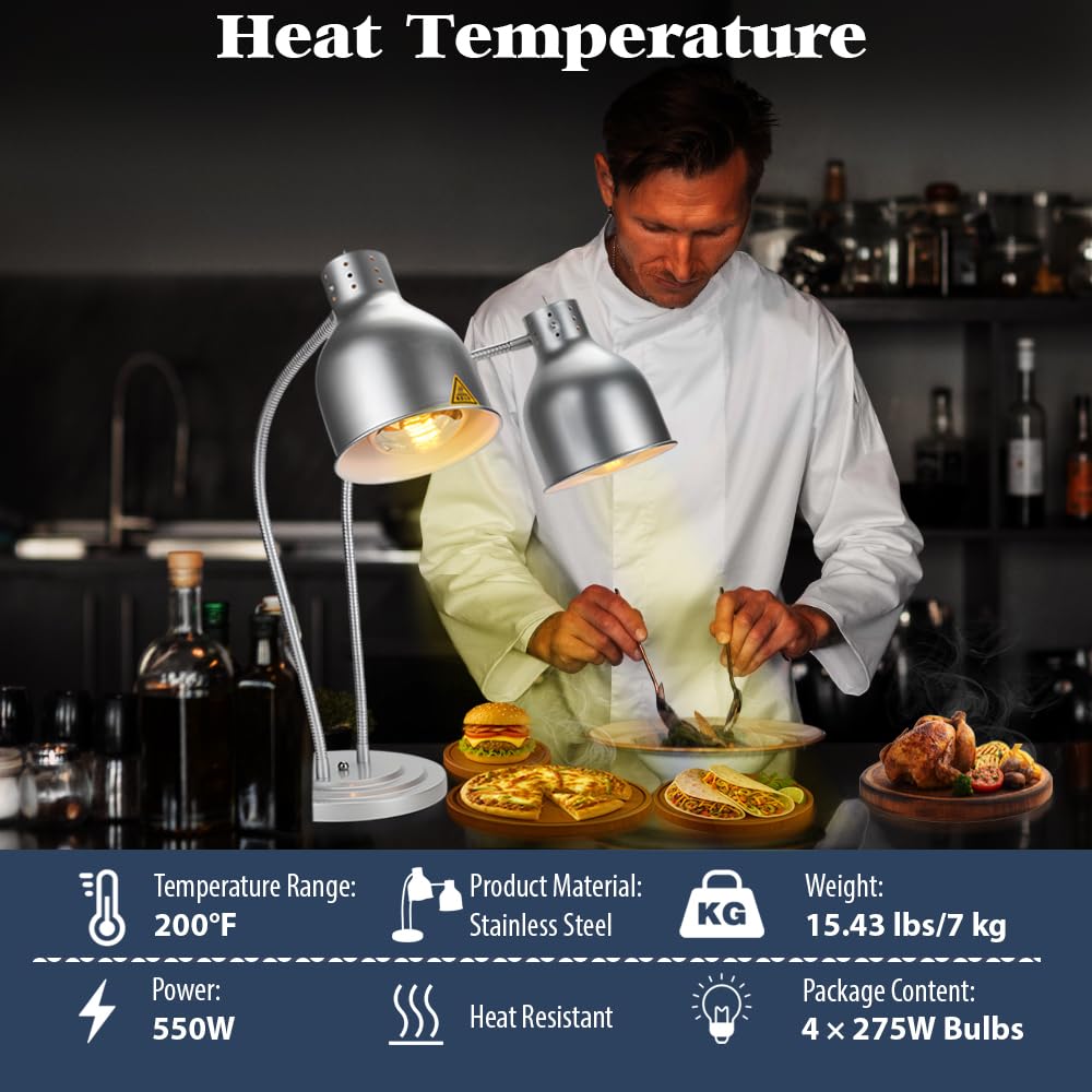 Food Heat Lamp,550W Commercial Food Warmer Lamp,Adjustable Food Warming Light with 4 Bulbs,2 Head Catering Heating Lamp for Kitchen Cafeteria Restaurant Buffet Parties (Silver)