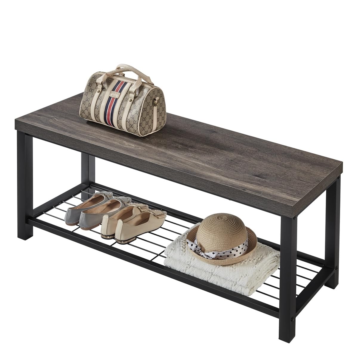 EXCEFUR Entryway Bench, Industrial Metal and Wood Storage Bench for Living Room, Indoor Shoe Rack Bench Seat, 43.3 Inch Grey