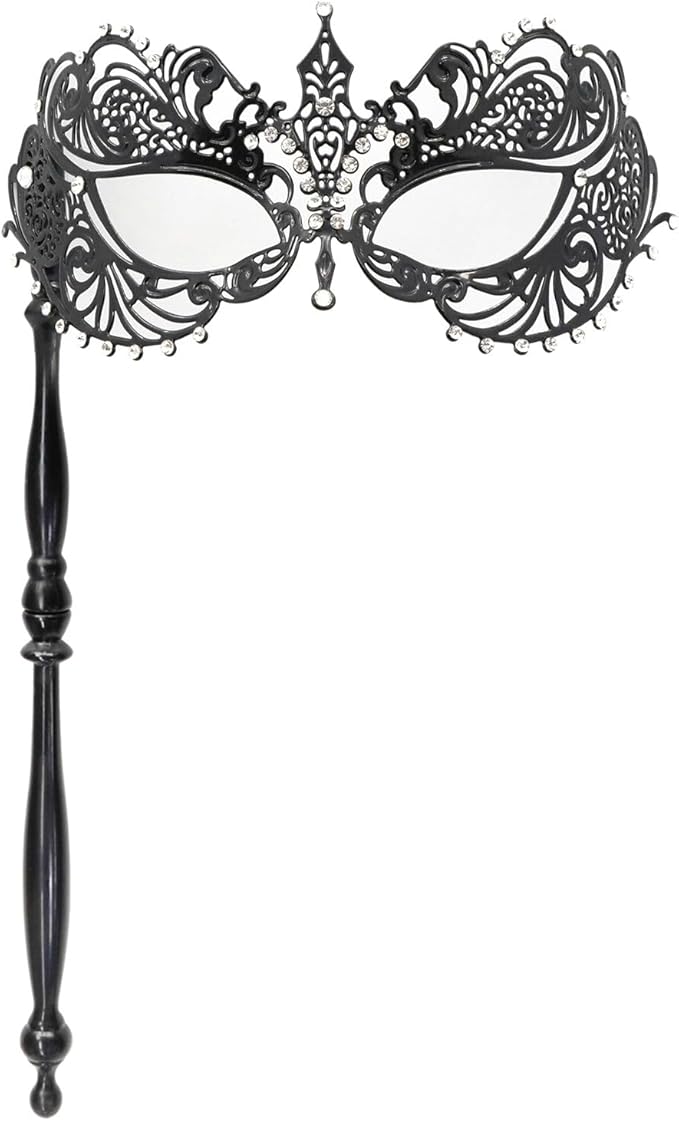 Thmyo Venetian Halloween Mardi Gras Party Mask with Holding Stick, Carnival Handheld Metal Feather Rhinestone Masquerade Mask