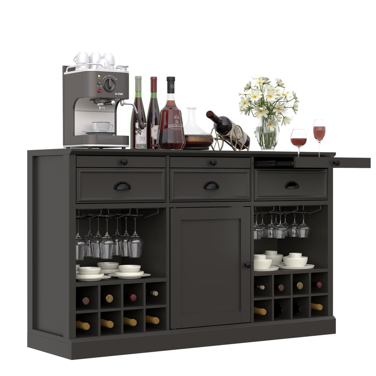 Loomie Wine Bar Cabinet with Pull-Out Trays & Drawers, Liquor Cabinet with Wine Rack & Stemware Holder, Coffee Bar Cabinet with Door & Adjustable Shelf, Kitchen Buffet Cabinet for Home Pub (Black)