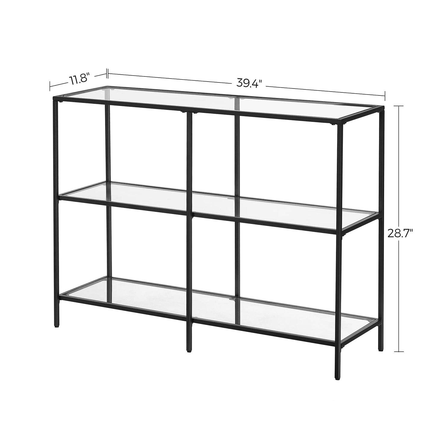 VASAGLE 39.4 Inch Console Table with 3 Shelves, Sofa Tables, Modern Entryway Table, Metal Frame, Tempered Glass Shelf, Entryway Living Room Bedroom, Classic Black and Transparent ULGT027B01