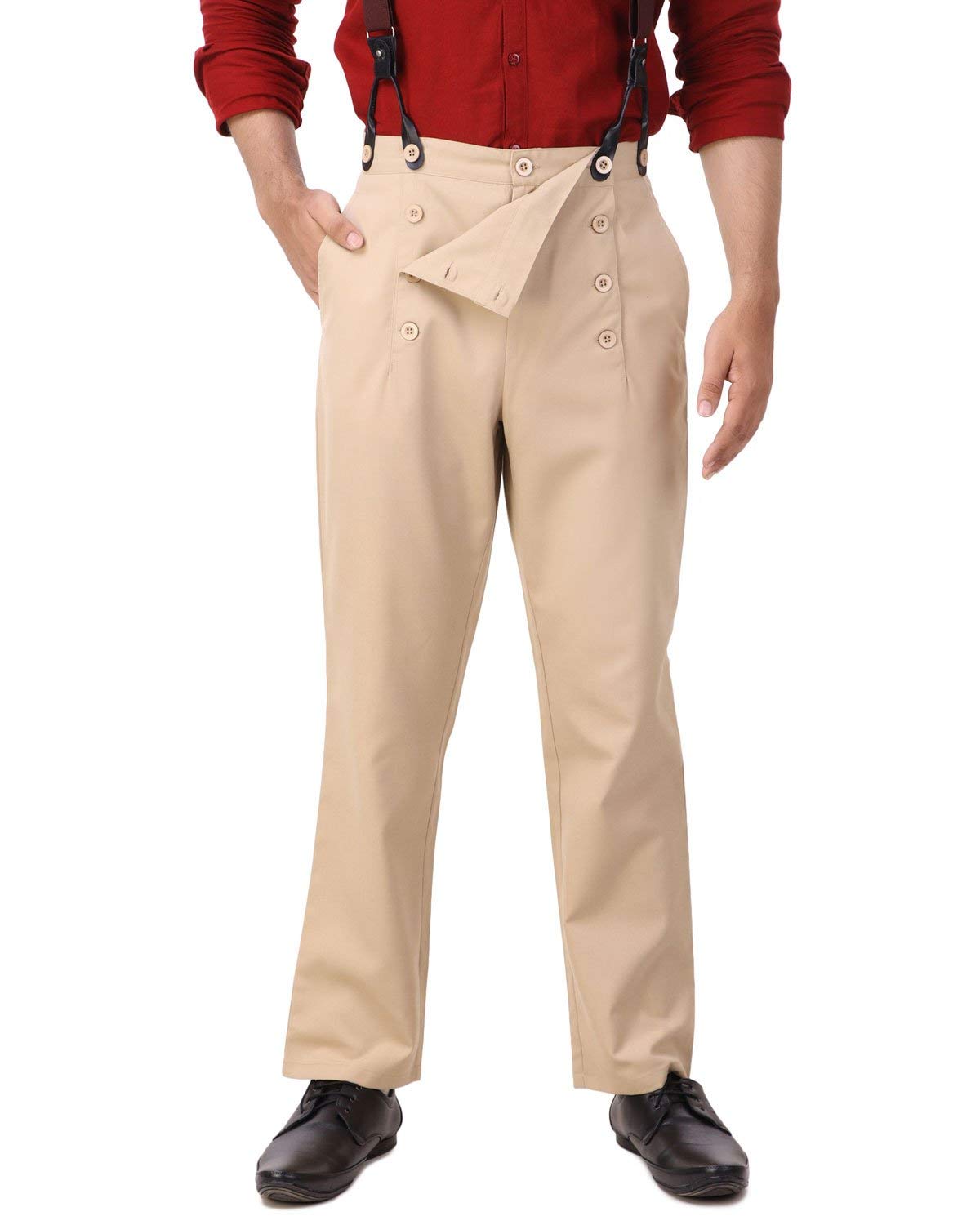 ThePirateDressing Steampunk Victorian Cosplay Architect Men’s Pants – High-Waist Gothic Trousers for Halloween, Renaissance, Tussar Poly-Viscose Fabric – Suspenders Ready C1328-Beige-Small