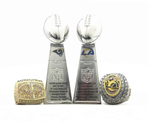 Valman LA 1999 2021 Football World Champions Bowl Trophy (Metal Material) and Rams Championship Replica Ring with Wooden Box Size 11
