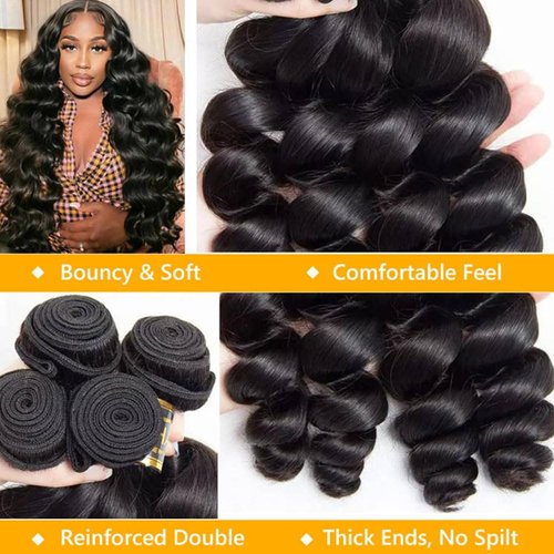QTHAIR 16A Grade Brazilian Loose Wave Human Hair Bundles Weave Hair Human Brazilian Virgin Hair For African Americans Women 3 Bundles Total 300g/10.5oz (10 12 14) Inch