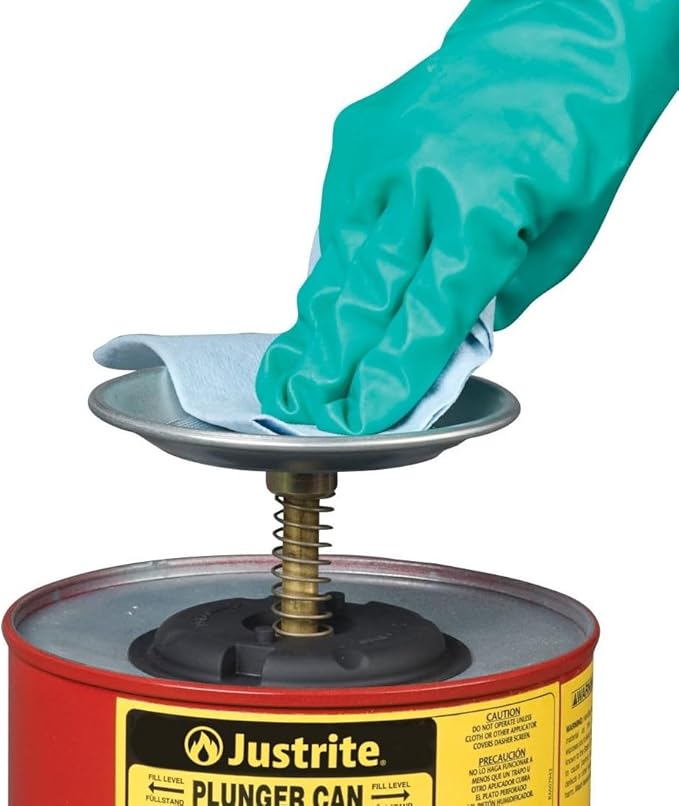 Justrite Plunger Can for Solvents, 1 Gallon Capacity, 10.5" x 7.25" Steel Push-Down Solvent Dispenser Can, Made in The USA Industrial Mechanic Tools, Red, 10308