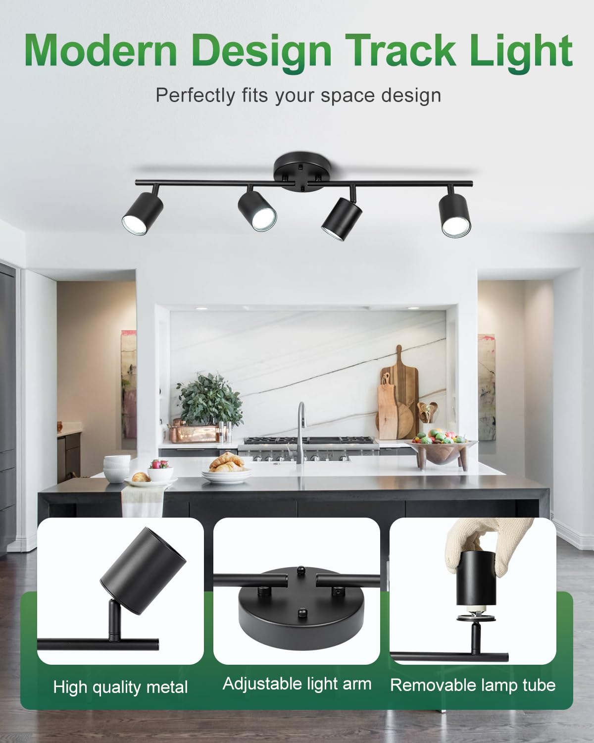 Fondiiz 4 Ways Track Lighting, Rotatable Heads Tracks Light, Track Lightings Fixtures Ceiling with Foldable Arms, Modern Black Tracks Light for Kitchen, Living Room, Hallway(Bulbs Not Included)