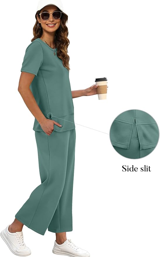XIEERDUO Women's Side Slit Lounge Sets 2026 Fashion 2 Piece Travel Outfits Cozy Loungewear Wide Leg Tracksuits S-3XL