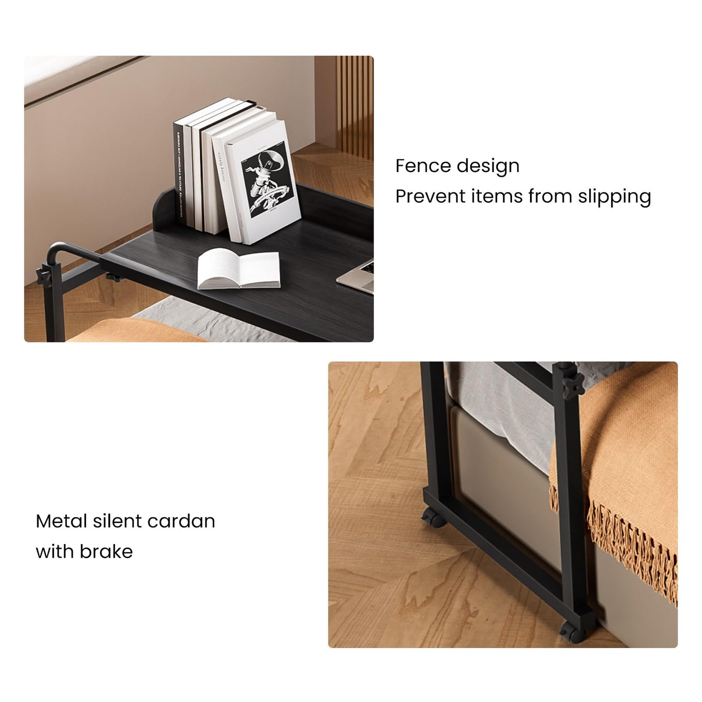 Smalibal Overbed Table with Wheels, Modern Style, Over Bed Desk with Various Height Adjustable and Raised Baffle for Home Office Bedroom Hospital Workstation, 20KG Weight Capacity Matte Black